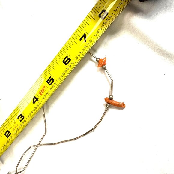 Vintage 1970s Coral Bead Necklace Silver Tube Native Style 16" Retro - Picture 6 of 6